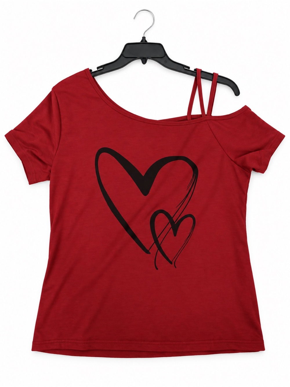Source Unknown Red Short-Sleeve One-Shoulder Tee with Black Heart Print